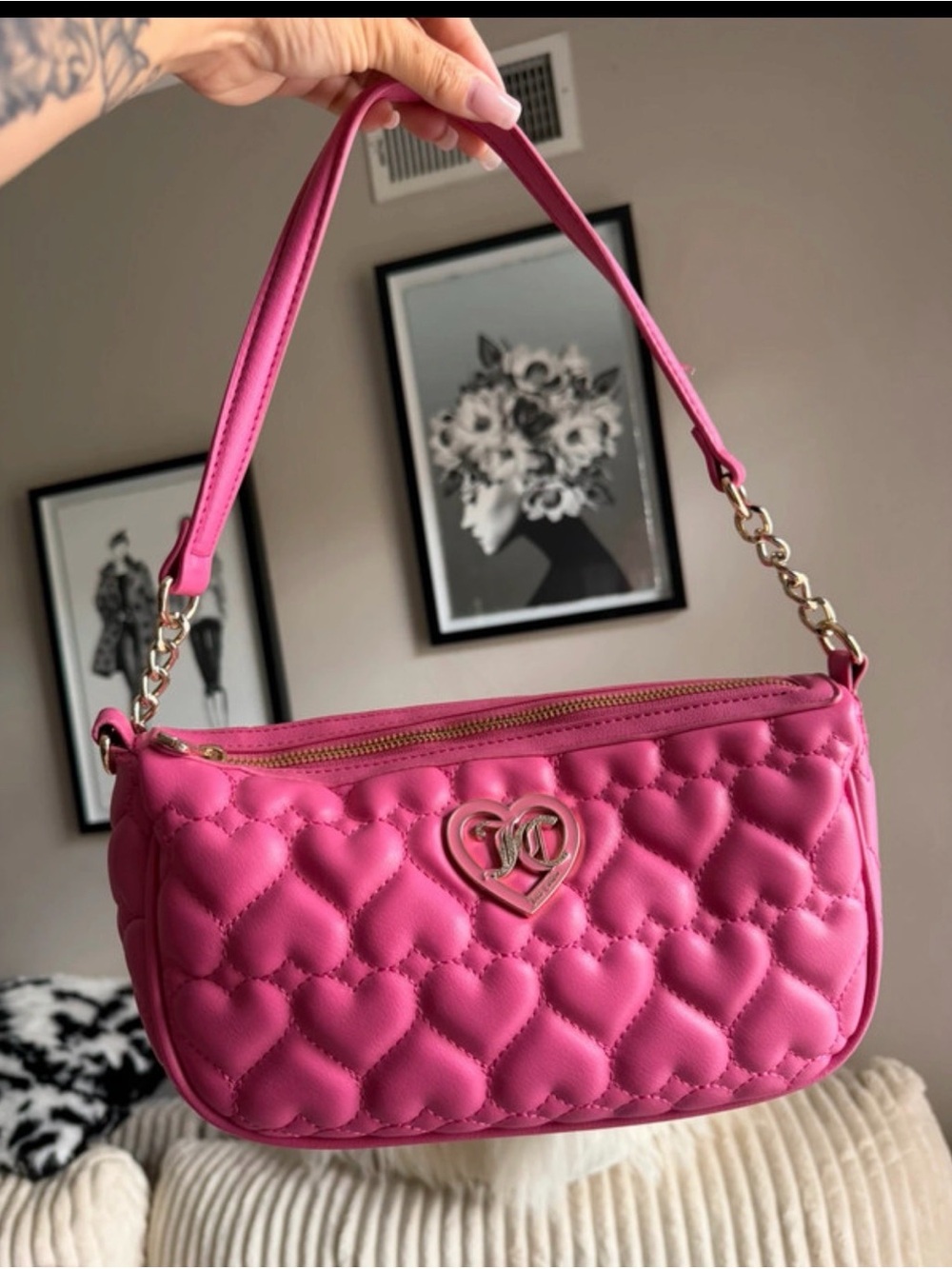 Juicy Couture Pink Quilted Heart Shoulder Bag with Gold Heart Emblem